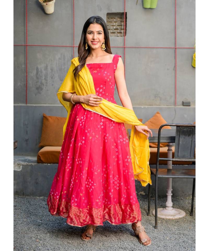 Magenta pleated anarkali with golden dupatta