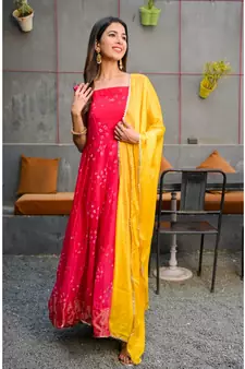 Magenta pleated anarkali with golden dupatta