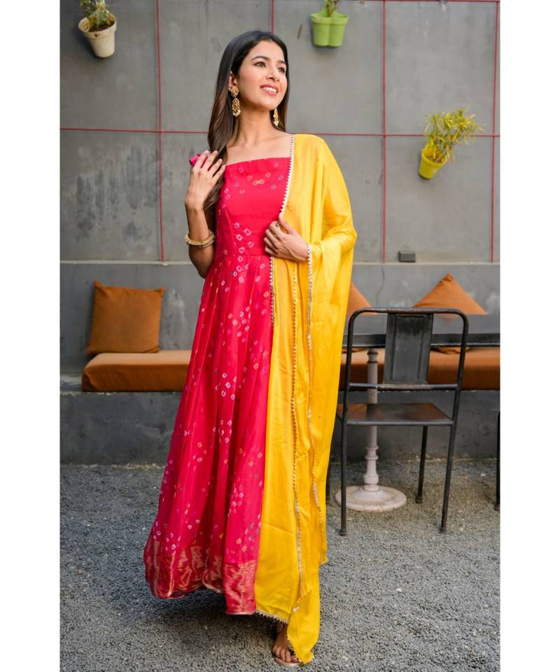 Magenta pleated anarkali with golden dupatta