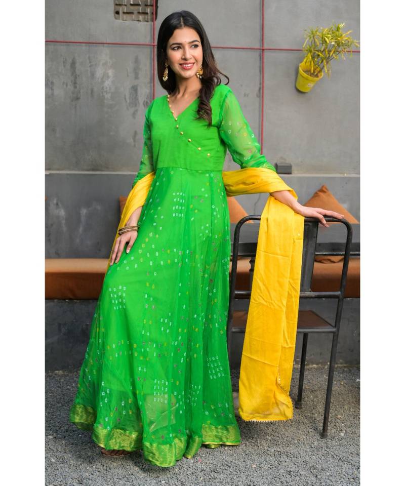 Green angrakha anarkali with golden dupatta