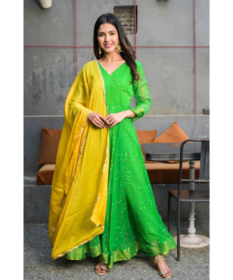 Green angrakha anarkali with golden dupatta
