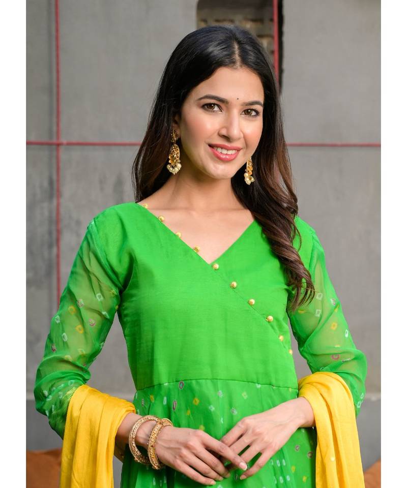 Green angrakha anarkali with golden dupatta
