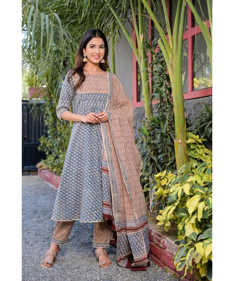 Grey & maroon gota dress with pant and block printed dupatta