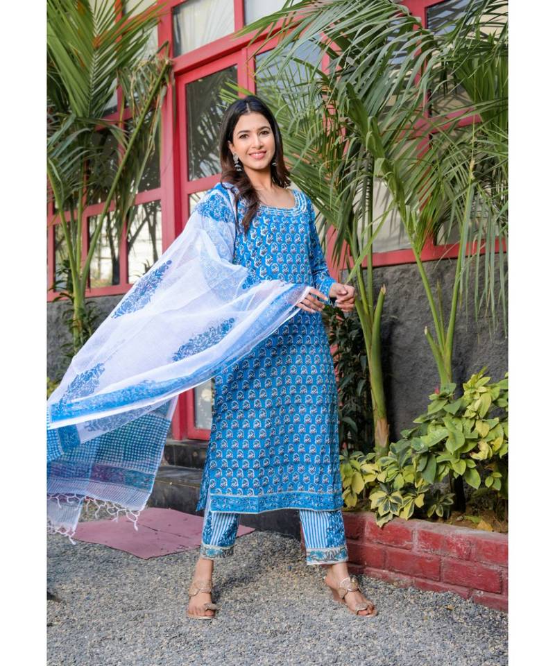 Blue block printed kurta pant set