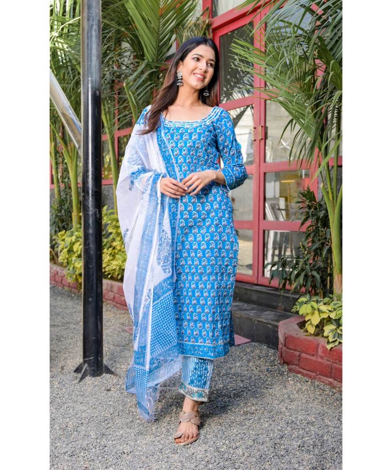 Blue block printed kurta pant set