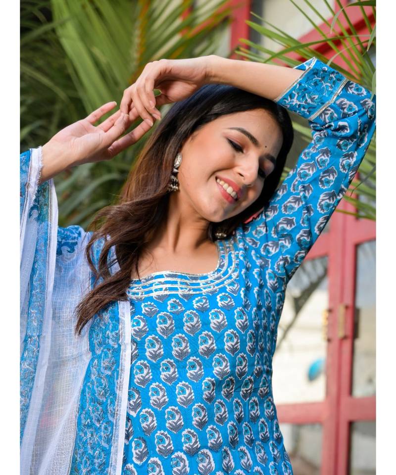Blue block printed kurta pant set