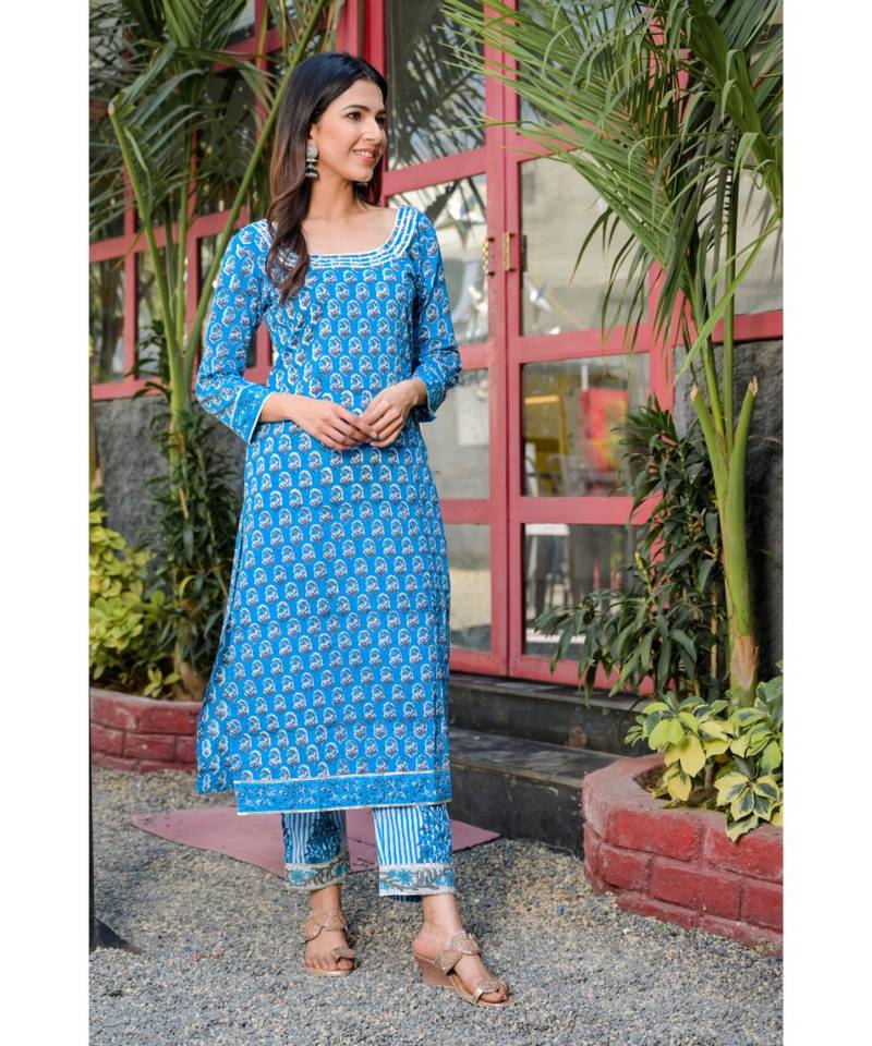 Blue block printed kurta pant set