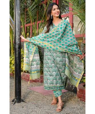 GREEN Block printed kurta afgHANI SALWAR SET 1