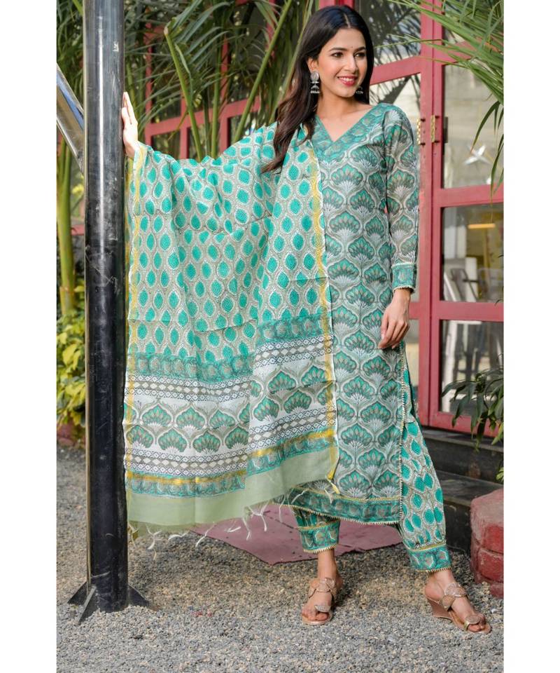 GREEN Block printed kurta afgHANI SALWAR SET