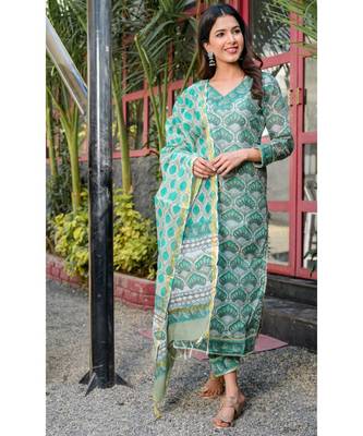 GREEN Block printed kurta afgHANI SALWAR SET 3