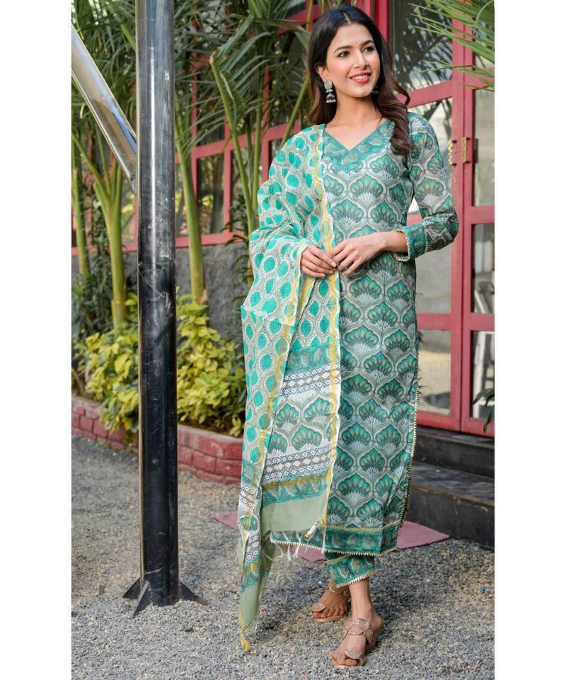 GREEN Block printed kurta afgHANI SALWAR SET