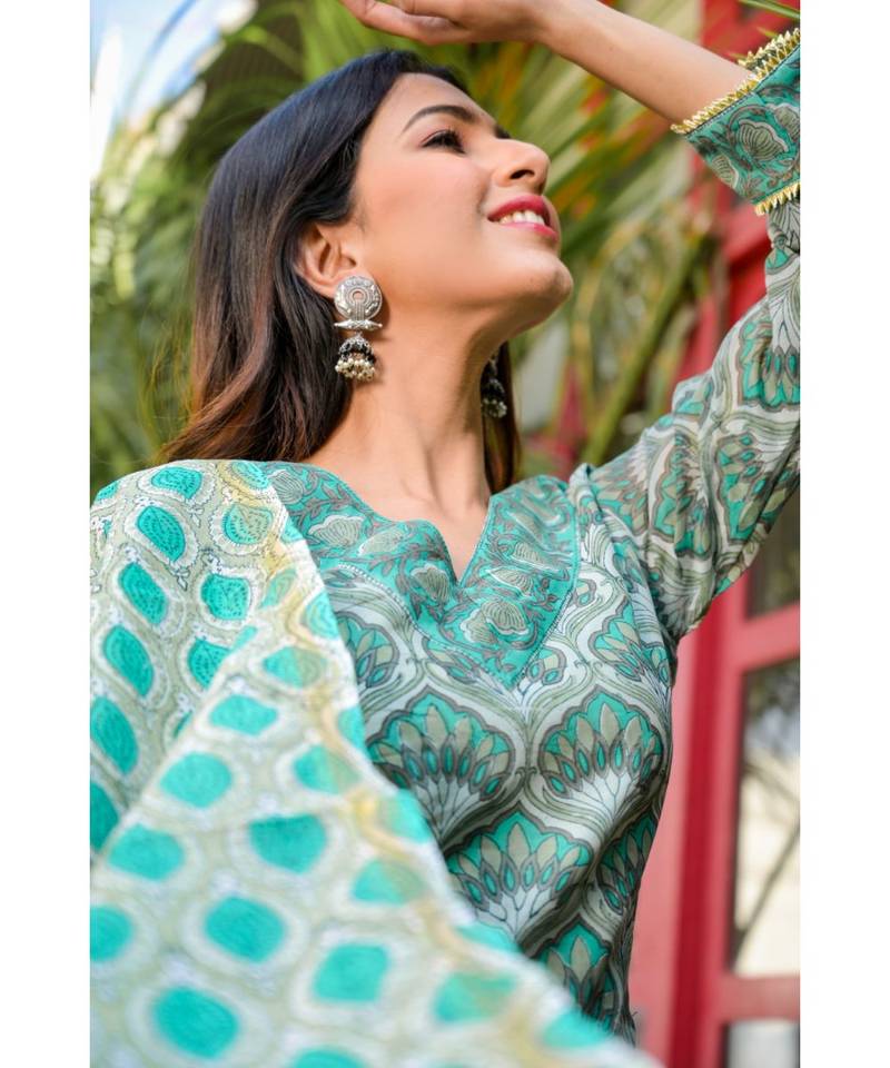 GREEN Block printed kurta afgHANI SALWAR SET