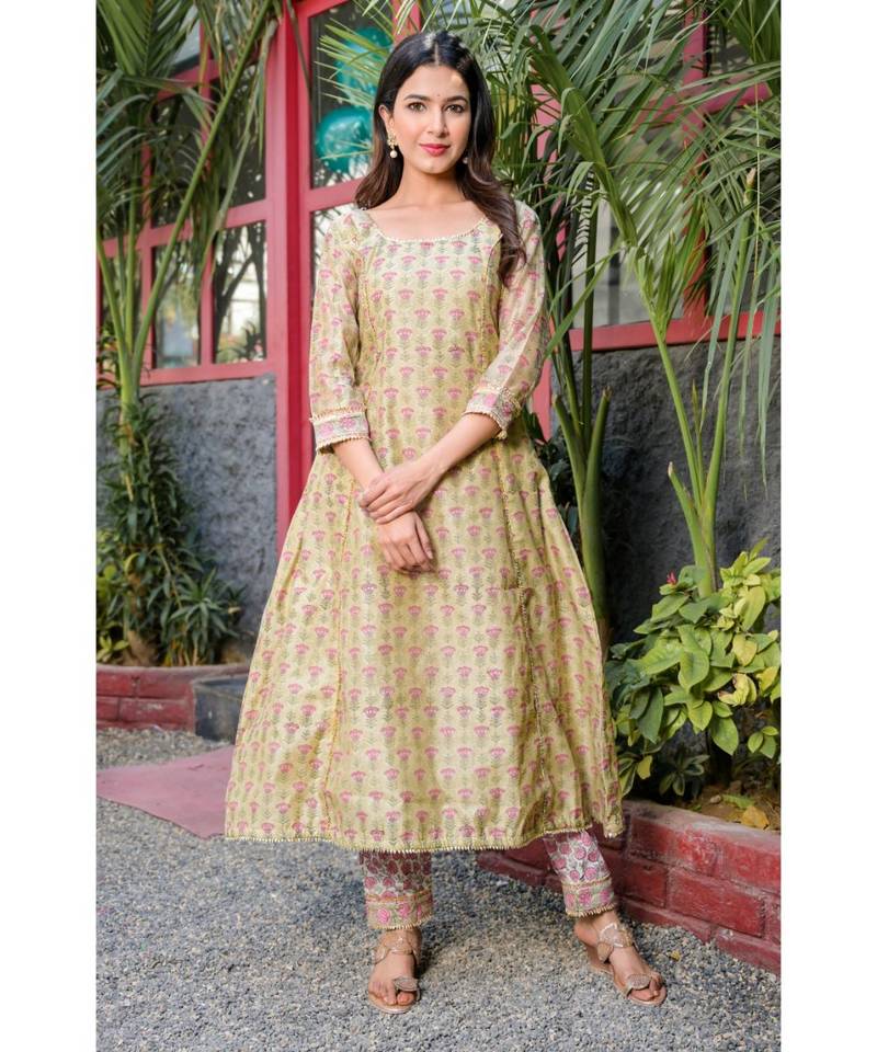 Golden block print suit set