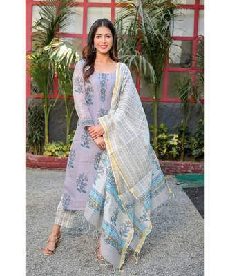 Lavender block print chanderi kurta pant set 1