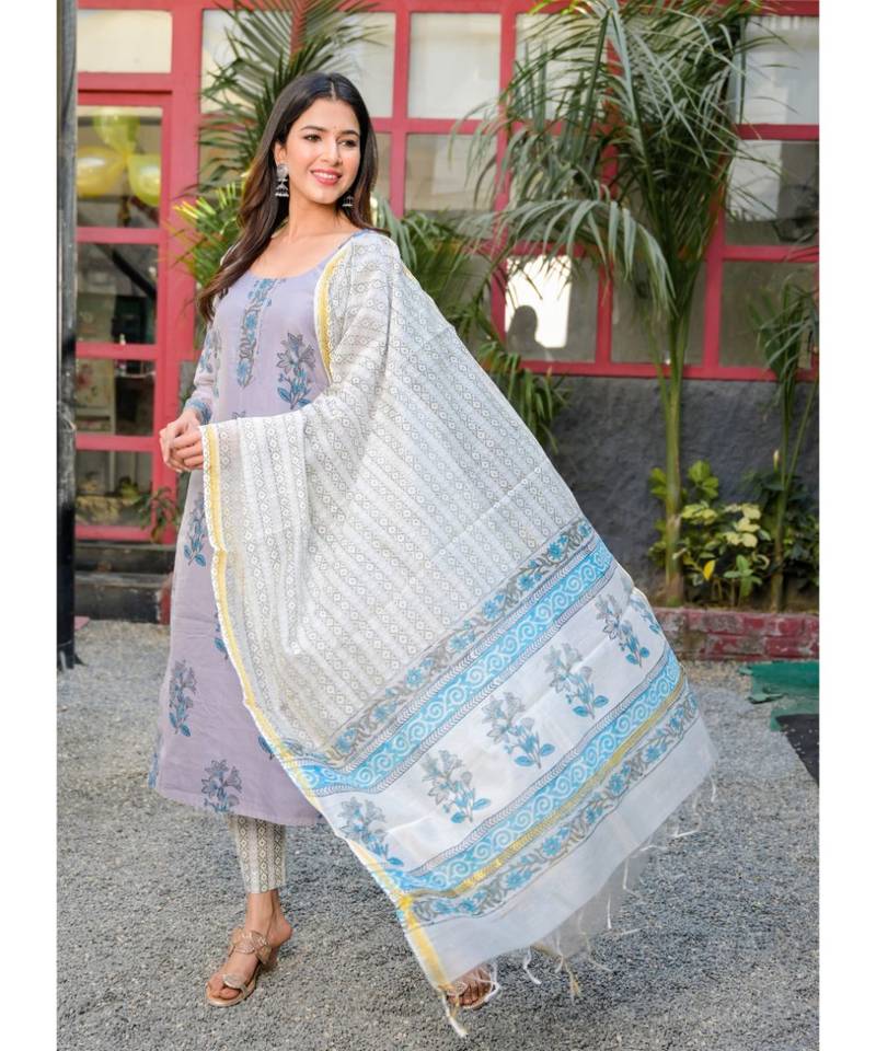 Lavender block print chanderi kurta pant set