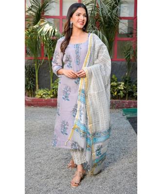 Lavender block print chanderi kurta pant set 3