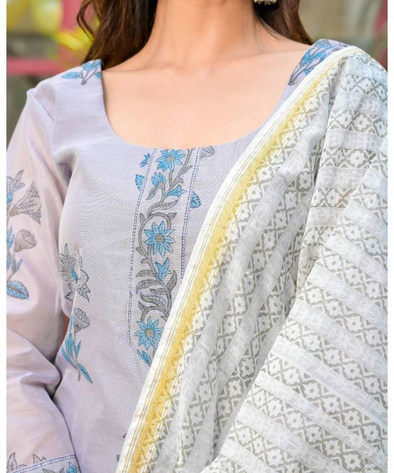 Lavender block print chanderi kurta pant set