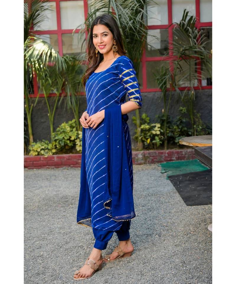 Blue leheriya kurta afghani salwar dupatta set