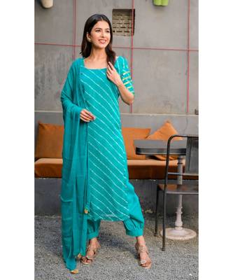 Teal green leheriya kurta with salwar & dupatta set 1