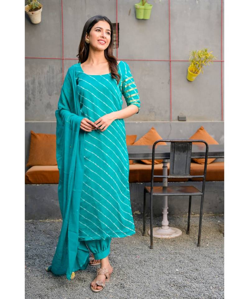 Teal green leheriya kurta with salwar & dupatta set