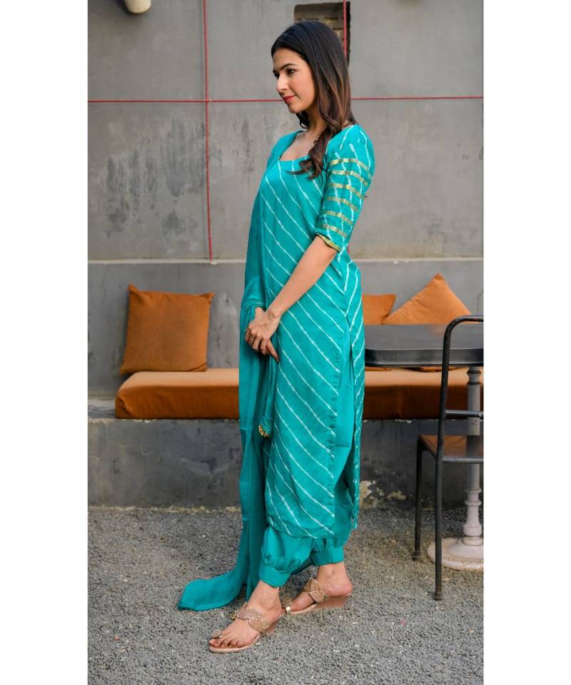 Teal green leheriya kurta with salwar & dupatta set