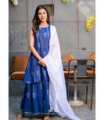 Blue block printed gharara set with white dupatta