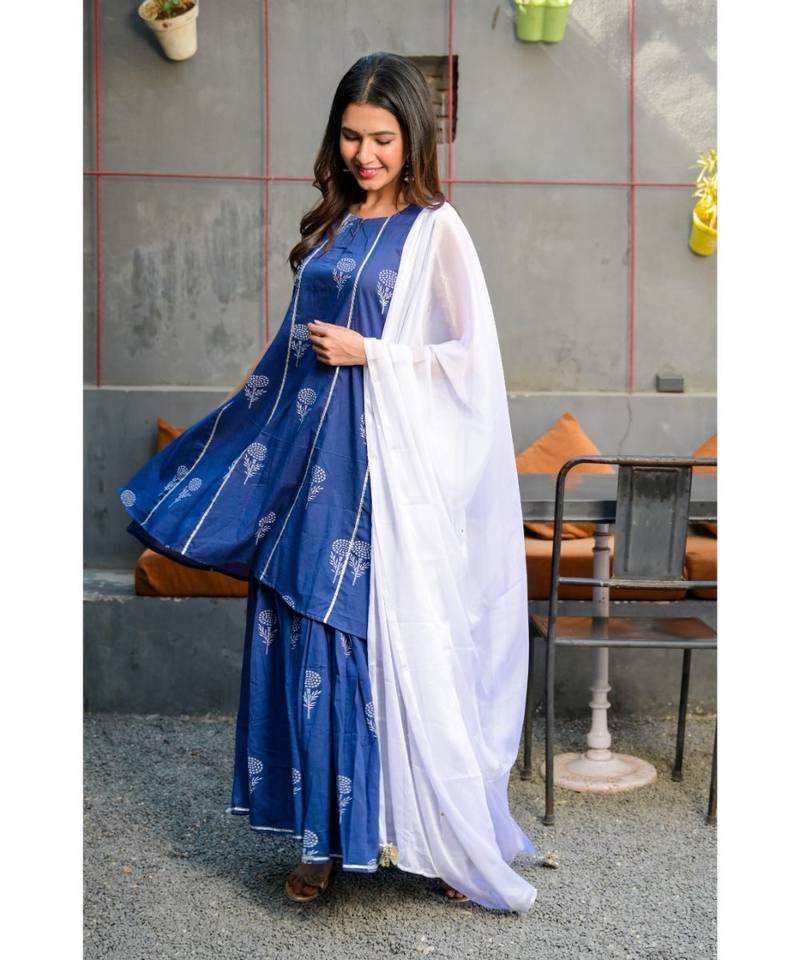 Blue block printed gharara set with white dupatta