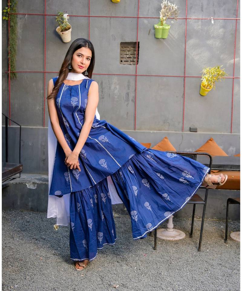 Blue block printed gharara set with white dupatta