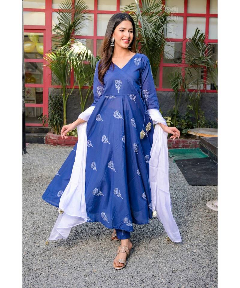 Blue block print angrakha set