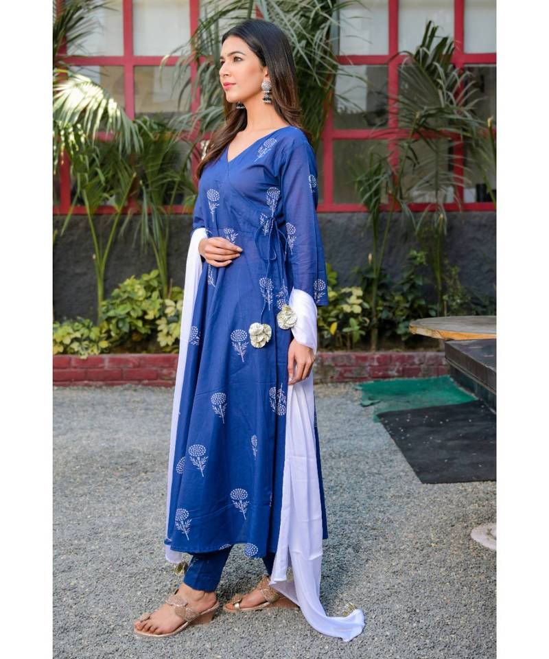 Blue block print angrakha set