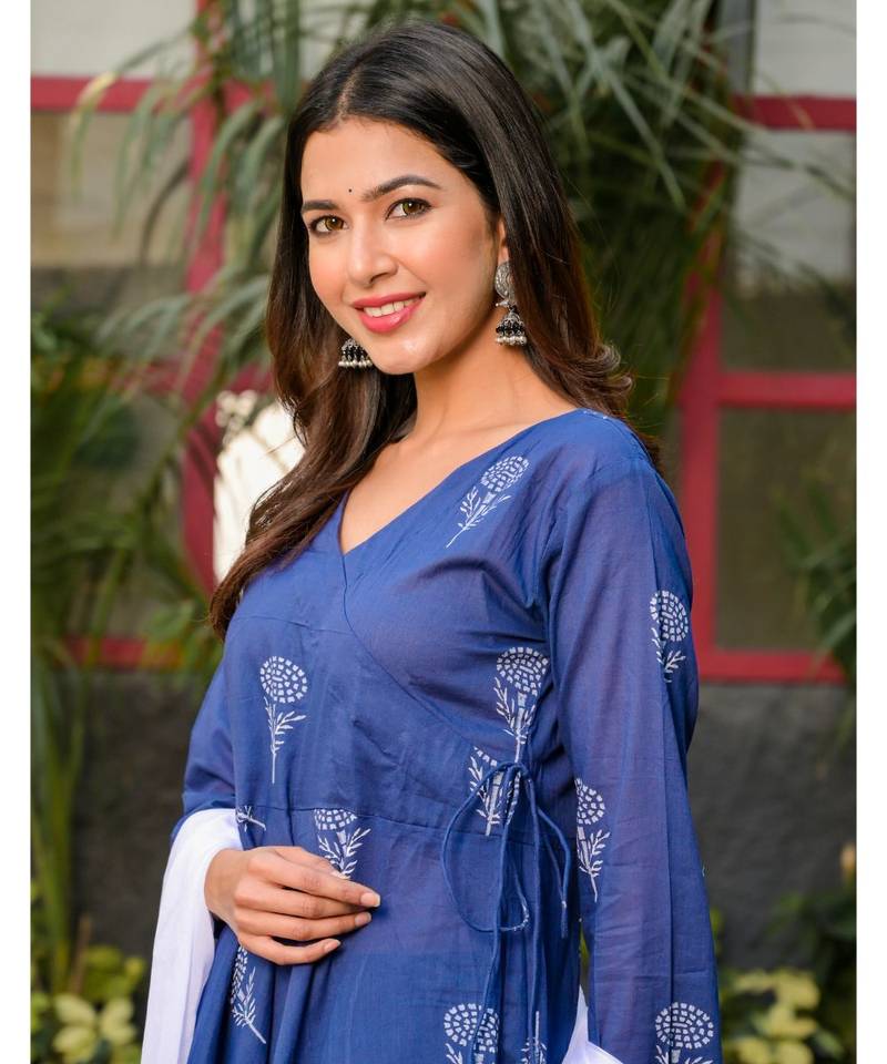 Blue block print angrakha set