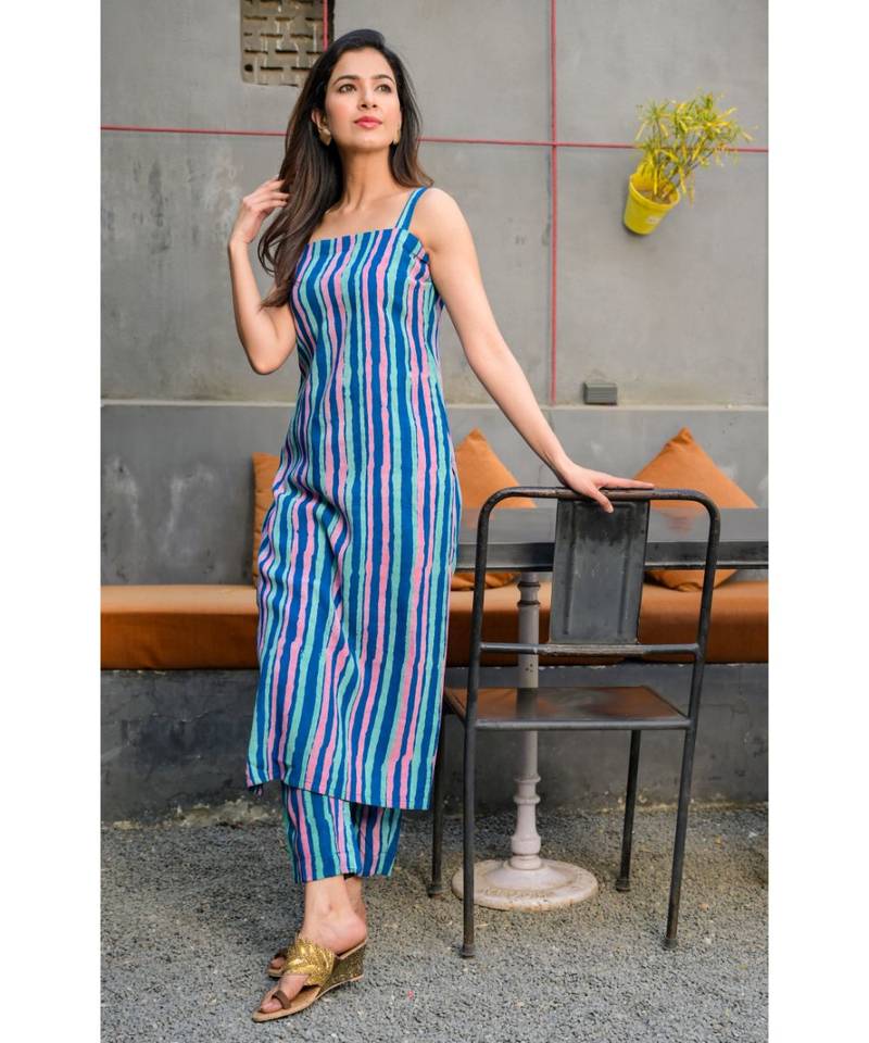 Blue stripes kurta pant set