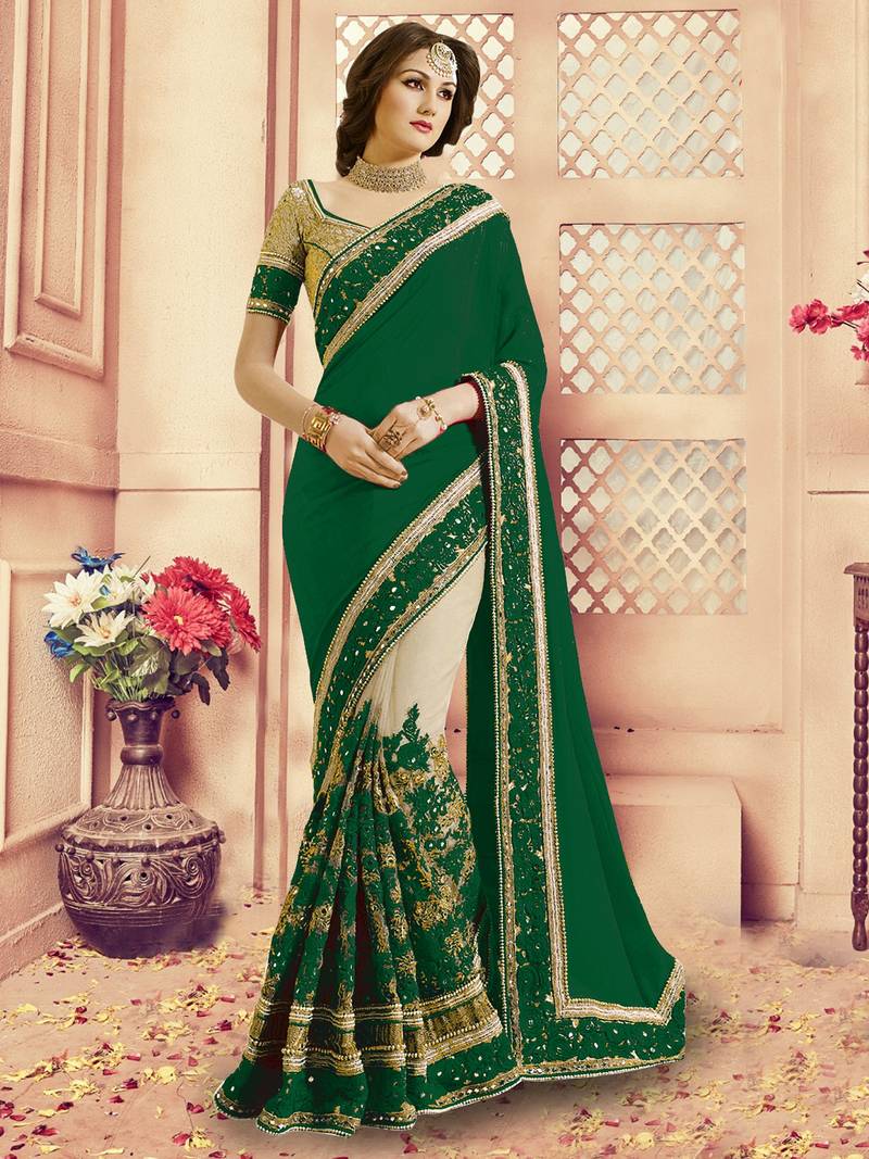 Trendmalls  Embroidery Bollywood Satin Chiffon And Net Green Traditional Wedding Party Wear Bridal Saree With Blouse  