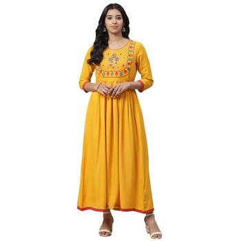 Mustard embroidered viscose rayon maxi-dresses 1
