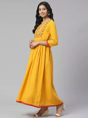 Mustard embroidered viscose rayon maxi-dresses 3