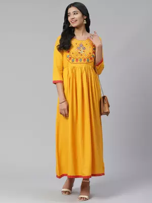 Mustard embroidered viscose rayon maxi-dresses 5