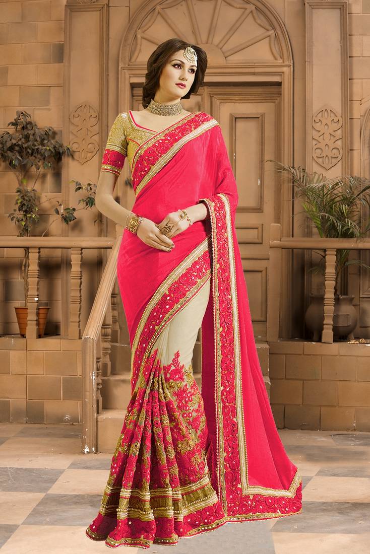 Trendmalls Embroidery Bollywood Satin Chiffon And Net Pink Party Wear Saree With Blouse