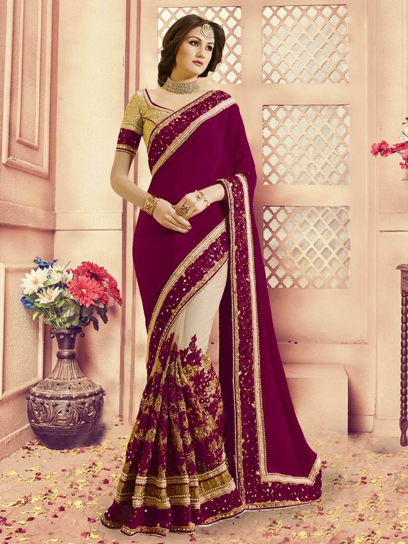 Trendmalls Embroidery Bollywood Satin Chiffon and Net Purple Party Wear Saree With Blouse