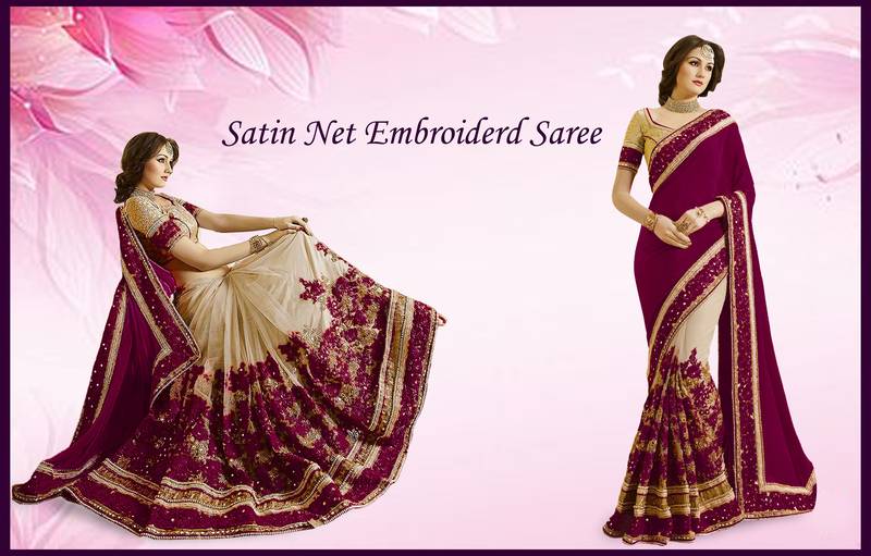 Trendmalls Embroidery Bollywood Satin Chiffon and Net Purple Party Wear Saree With Blouse