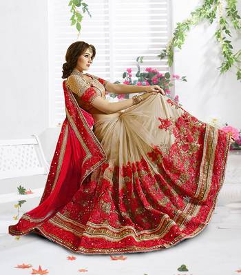 Trendmalls Embroidery Bollywood Satin Chiffon And Net Red Party Wear Saree With Blouse 1