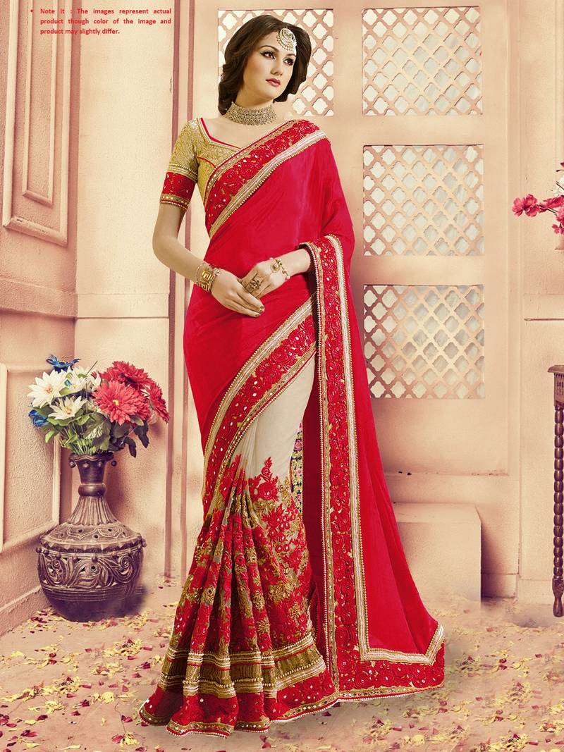 Trendmalls Embroidery Bollywood Satin Chiffon And Net Red Party Wear Saree With Blouse
