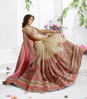 Trendmalls Embroidery Bollywood Satin Chiffon And Net Peach Party Wear Saree With Blouse 1