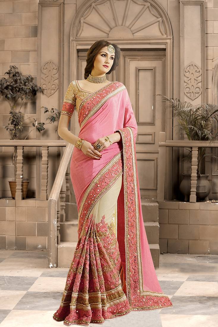 Trendmalls Embroidery Bollywood Satin Chiffon And Net Peach Party Wear Saree With Blouse