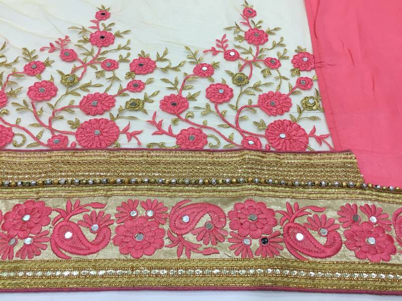 Trendmalls Embroidery Bollywood Satin Chiffon And Net Peach Party Wear Saree With Blouse