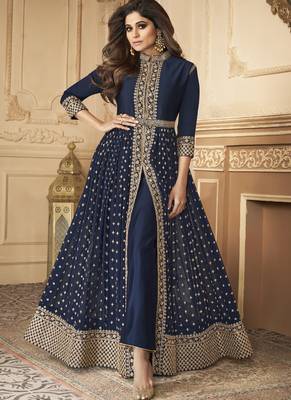  Shamita shetty Navy Blue golden slit style pant suits 1