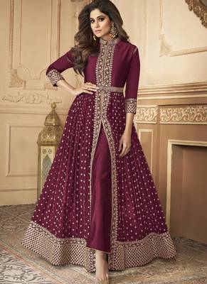  Shamita shetty Magenta Golden slit style pants suits 1