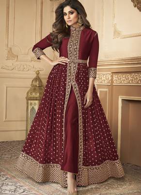  Shamita Shetty Red Golden Slit Style Pants Suits 1