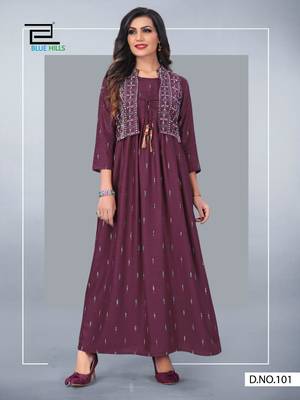 Wine printed rayon long-kurtis 1