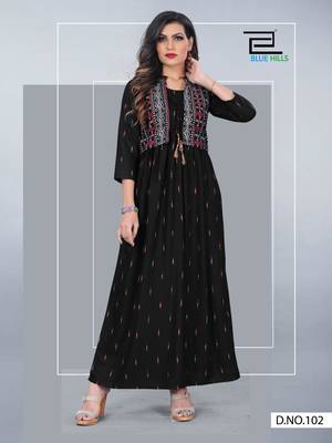 Black printed rayon long-kurtis 1