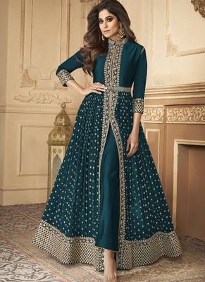 Shamita Shetty Turquoise Golden Slit Style Pants Suit 1